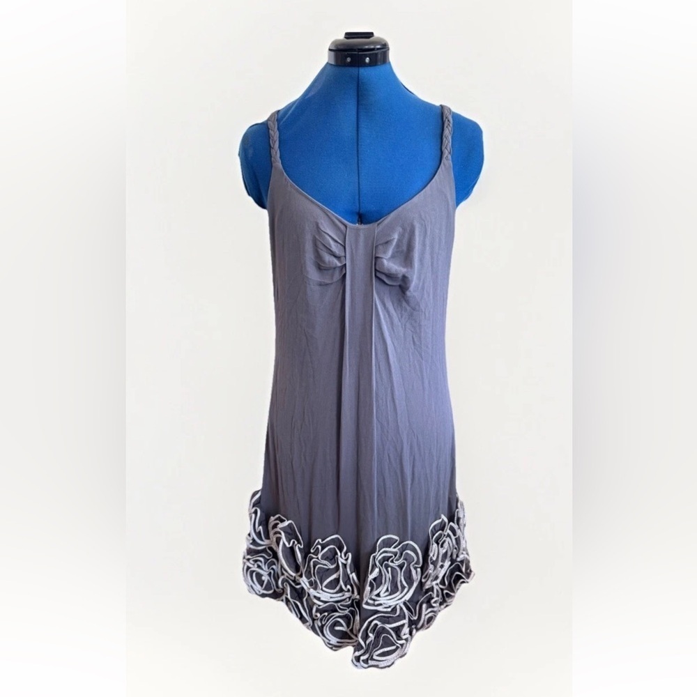Yoana Baraschi Grey Silk Braided Shoulder Strap Floral Flower Mod Shift Dress 6